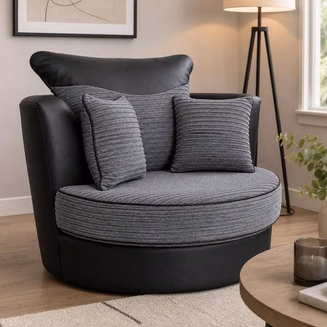 Furnishings For Less UK Dino Round Swivel Chair in Black and Grey Striped Fabric with 360 Degree Rotation, H 85 cm x W 102 cm x D 100 cm – 1