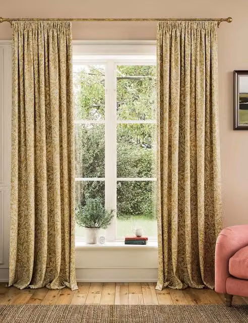 Joules Twilight Gold Floral Pure Cotton Pencil Pleat Curtains H: 168 cm, W: 137 cm