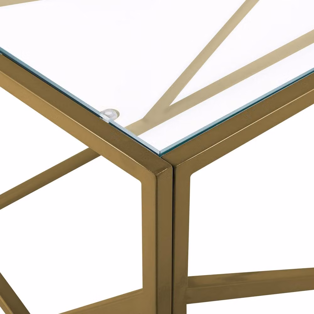 Wyld and Coco Geometric Gold Metal Frame Coffee Table with Glass Top W: 100 cm, D: 50 cm, H: 45 cm – 3