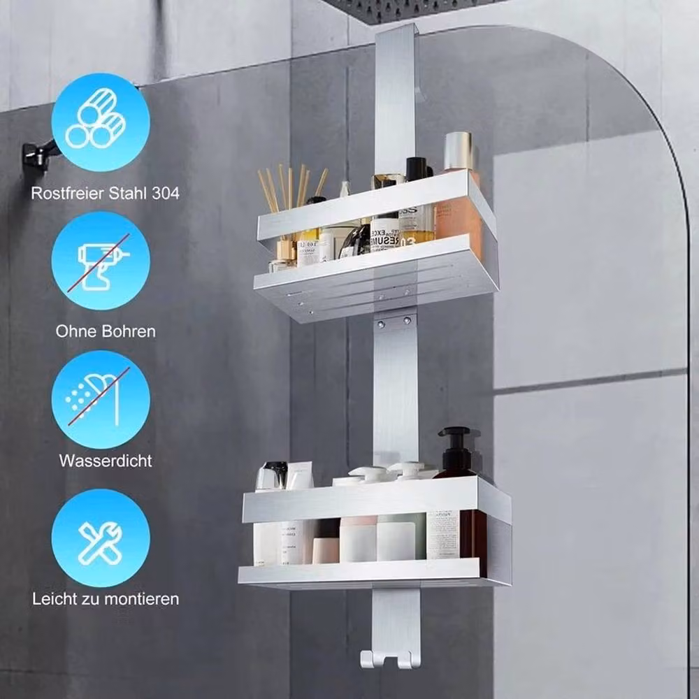 FLAVORA 2 Tier Stainless Steel Hanging Shower Caddy in Silver, Width: 180 cm, Drop: 180 cm – 3