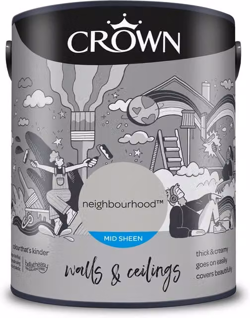 Crown Walls and Ceilings Mid Sheen Emulsion in Neighbourhood Grey, 5 l