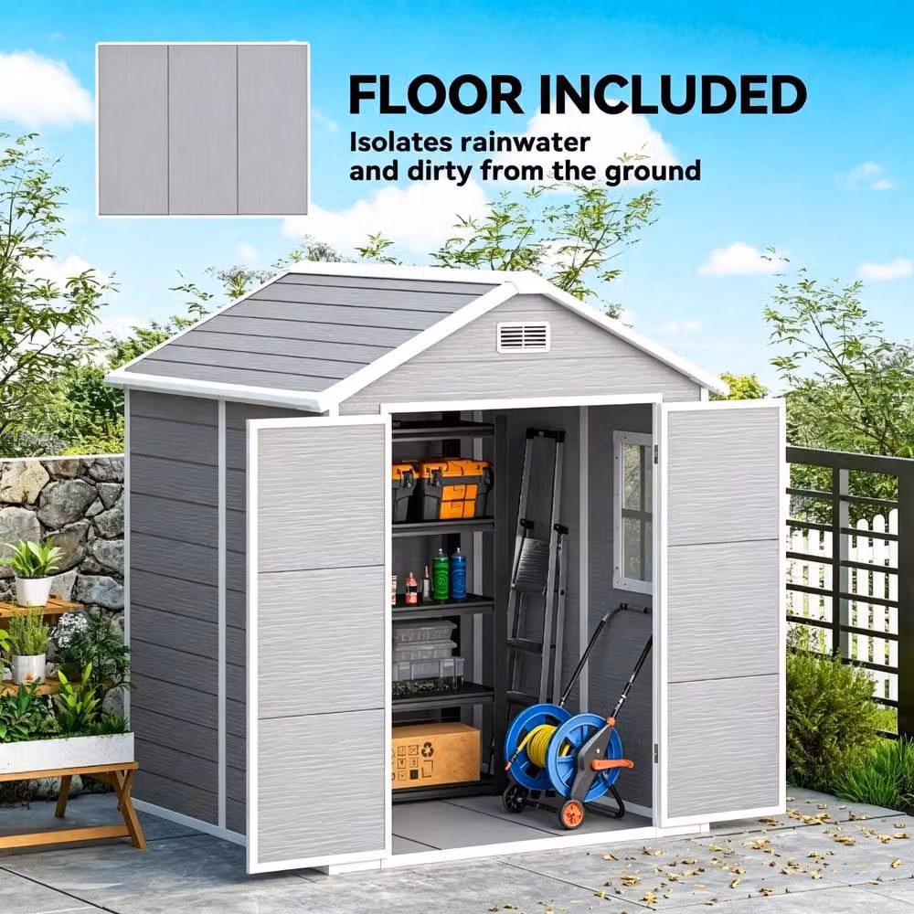 STILVORA Grey Garden Shed with Floor, Window and Lockable Double Doors W: 182 cm, D: 151 cm, H: 219 cm – 5