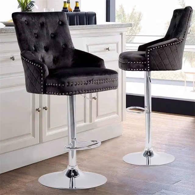 SPETLEK Black Velvet Swivel Bar Stool with Armrests