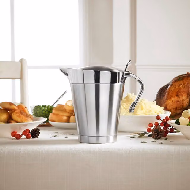VonShef Insulated Stainless Steel Gravy Jug with Lid and Drip Free Spout, Silver, 1 l