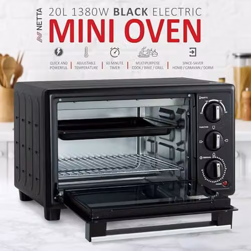 NETTA 20L Mini Oven and Electric Grill in Black with 1380W Power and Timer – 2