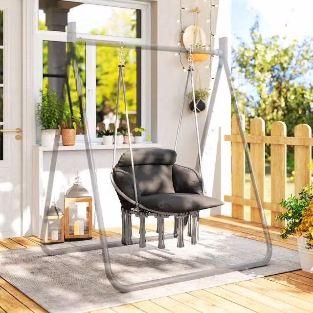 Outsunny Boho Hanging Hammock Swing Chair with Cushion, Grey