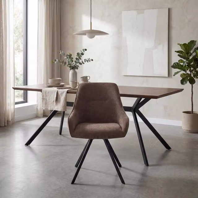 Shankar Brixton Pair of Brown Fabric Swivel Dining Chairs with Black Metal Legs