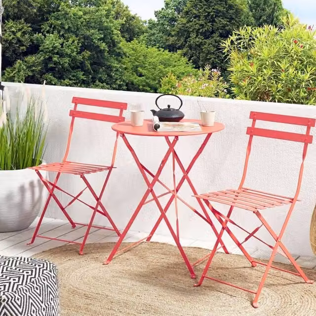 Wyld and Coco Prestige 3 Piece Red Metal Folding Bistro Set with Slatted Design