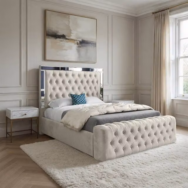 Casani Loweswater Mirror Upholstered Designer Bed Frame in Beige Velvet, Size: 180 x 200 cm – 1
