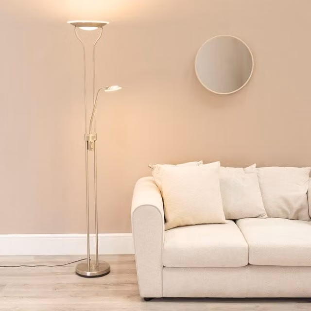 ValueLights Beata Integrated LED Uplight Floor Lamp with Task Reading Side Lamp in Silver Chrome