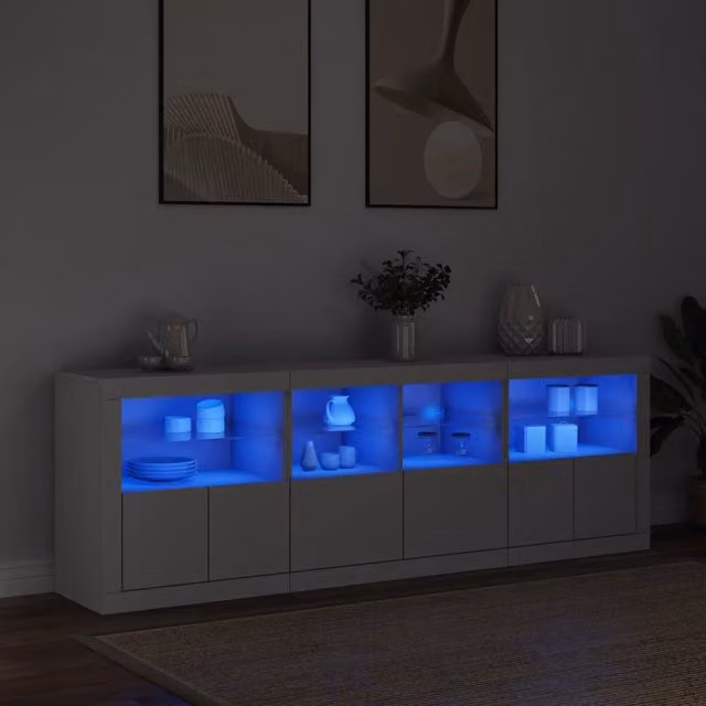 Berkfield Home Modern White Sideboard with Integrated LED Lights, W: 202 cm, D: 37 cm, H: 67 cm