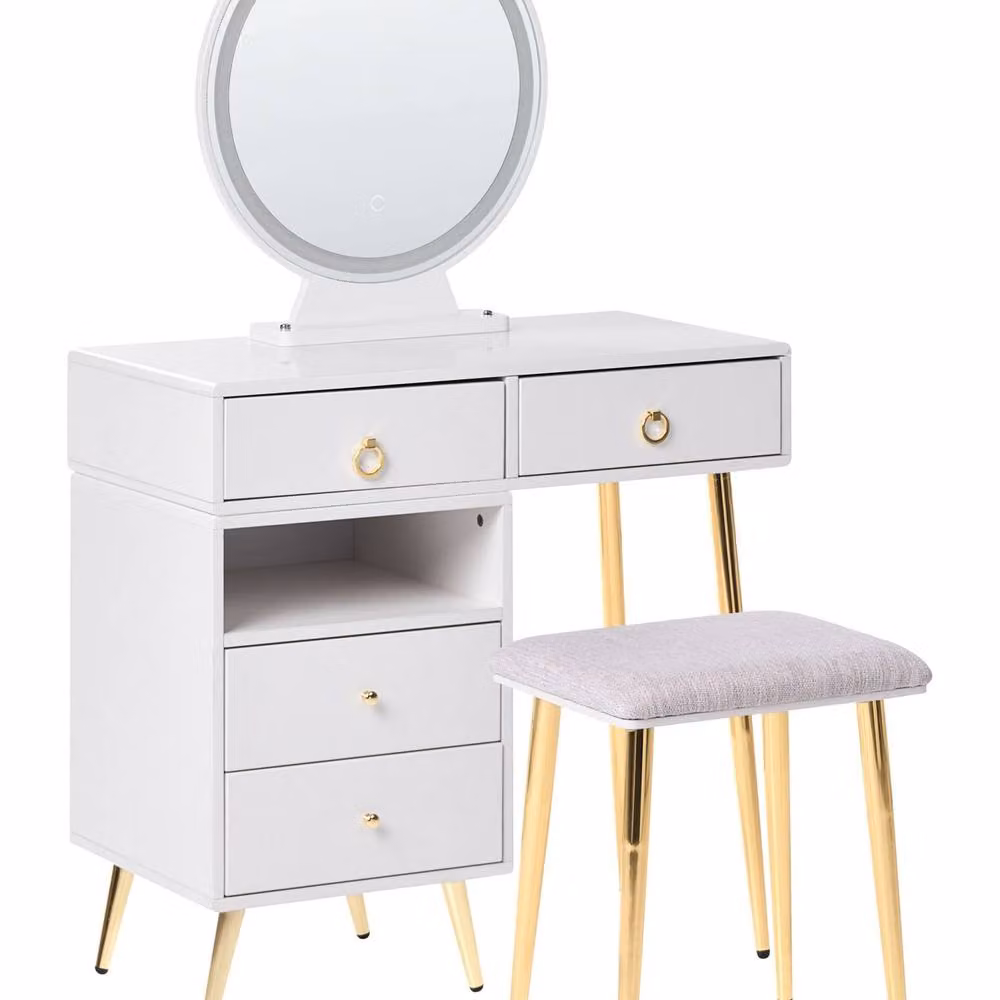 Wyld and Coco Glam Design Dressing Table in White and Gold with Hollywood LED Mirror and 6 Drawers, W/D/H: 133 x 98 x 38 cm – 2
