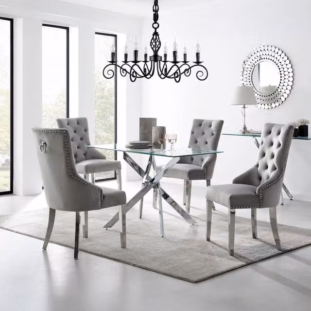 FurnitureboxUK Leonardo 4 Modern Rectangular Glass Dining Table and 4 Belgravia Chairs in Grey