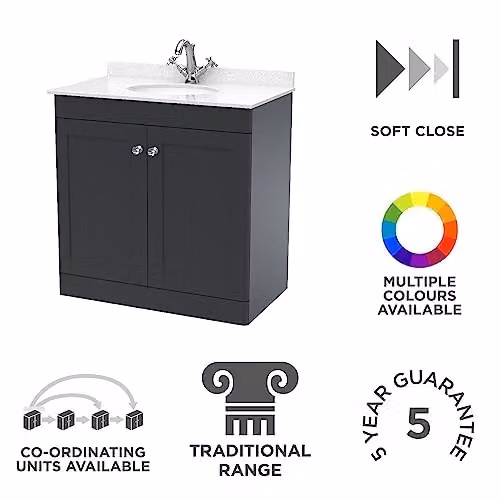 nuie Classique Traditional Bathroom Floor Standing 2 Door Unit with Marble Worktop and Round Basin, Soft Black and White, W: 800 mm, D: 48.5 cm, H: 87.8 cm – 2