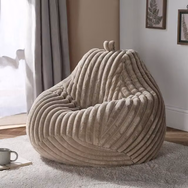 OHS Ribbed Fleece Bean Bag Chair in Beige with Removable Cover and Carry Handle – 1