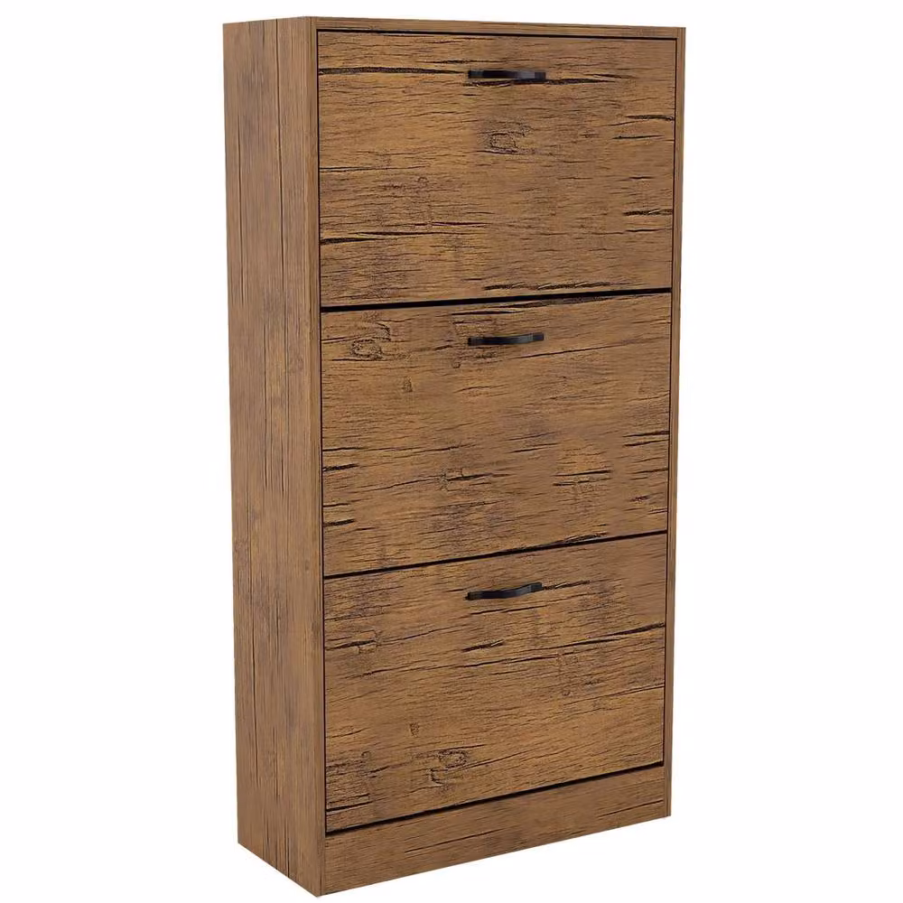 FORGEVIO Designs Modern 3 Drawer Wooden Shoe Storage Cabinet in Brown, W/D/H: 60 x 24 x 118 cm – 3