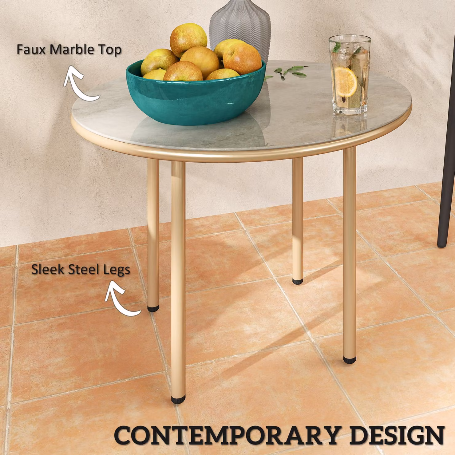 Outsunny Round Small Garden Side Table with Faux Marble Tempered Glass Top and Steel Frame, Beige, Diameter: 60 cm – 2