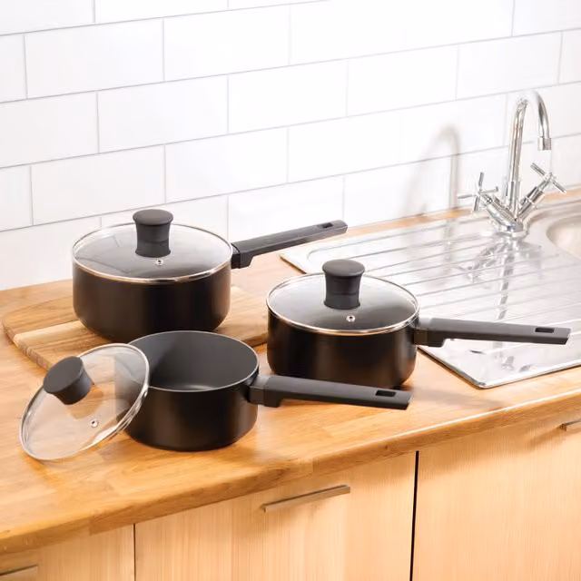 Russell Hobbs 3 Piece Shield Non-Stick Saucepan Set with Lids, Black