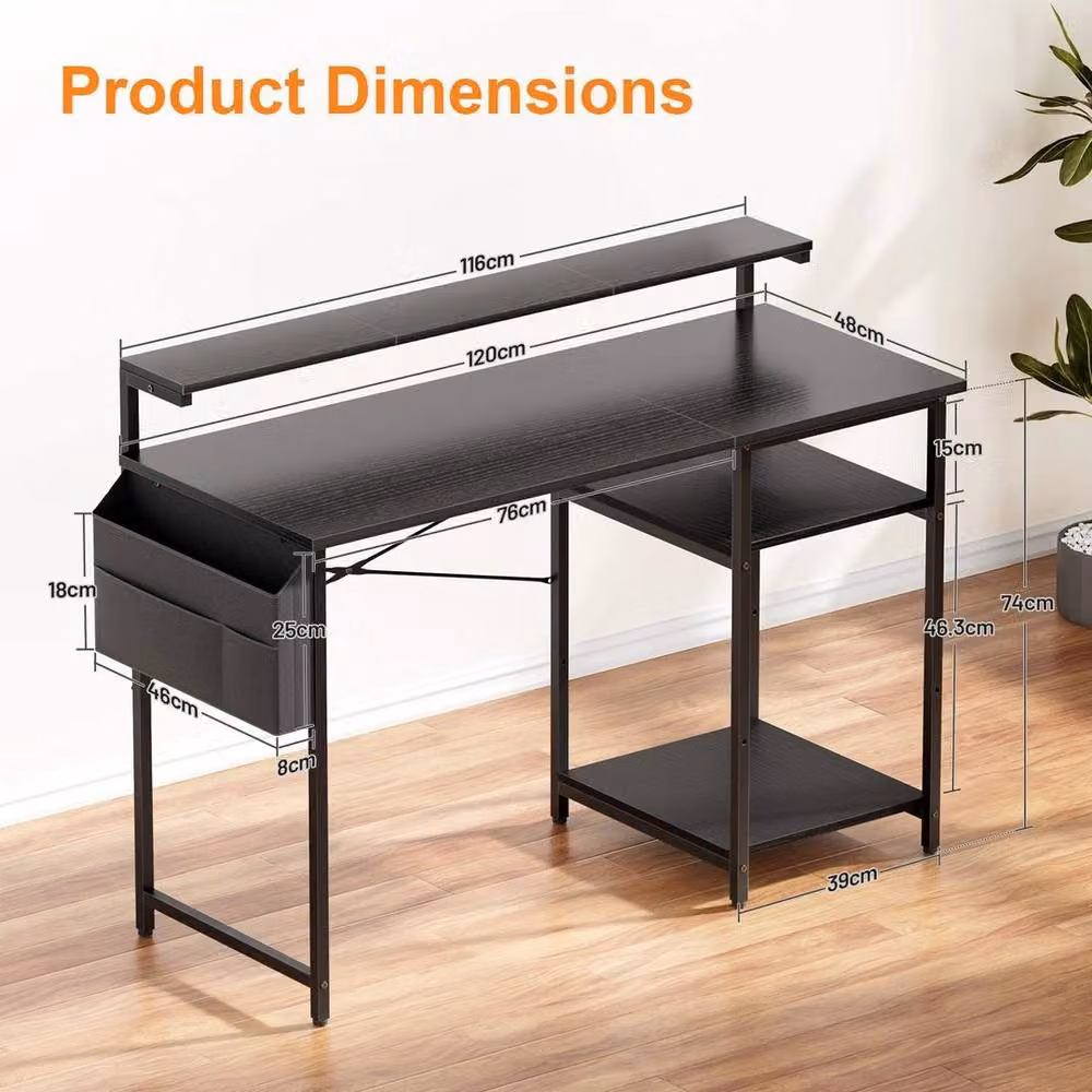 FORGEVIO Computer Desk with LED Lights, Black, W: 120 cm, D: 48 cm – 3