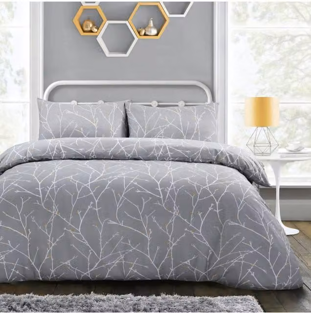 Velosso Autumn Branches Duvet Cover and Pillowcase Set, Grey, Single, W: 90 cm, H: 200 cm