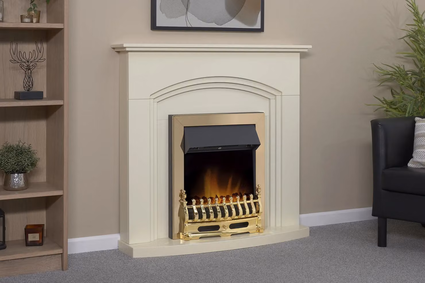 Adam Fires & Fireplaces Truro Fireplace in Cream and Beige with Blenheim Electric Fire in Brass and Copper – 2