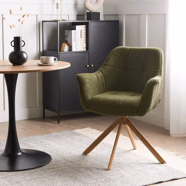 Wyld Haus Green Bouclé Swivel Dining Chair with Curved Backrest and Metal Base – 1