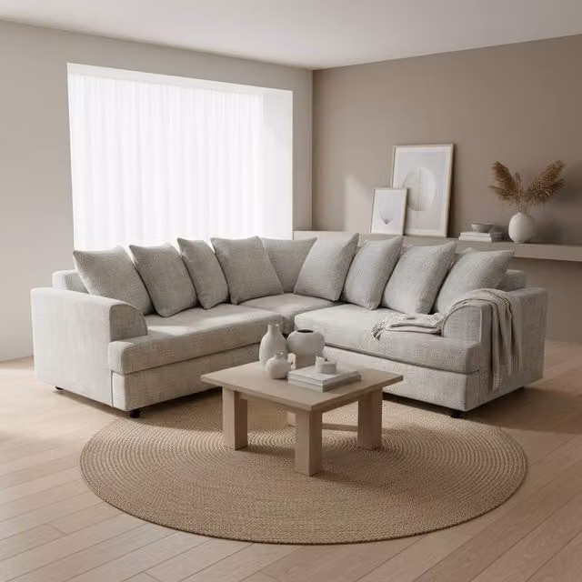Abakus Direct Ferguson L-Shape Chenille Corner Sofa in Grey with Scatter Cushions and Solid Wood Frame
