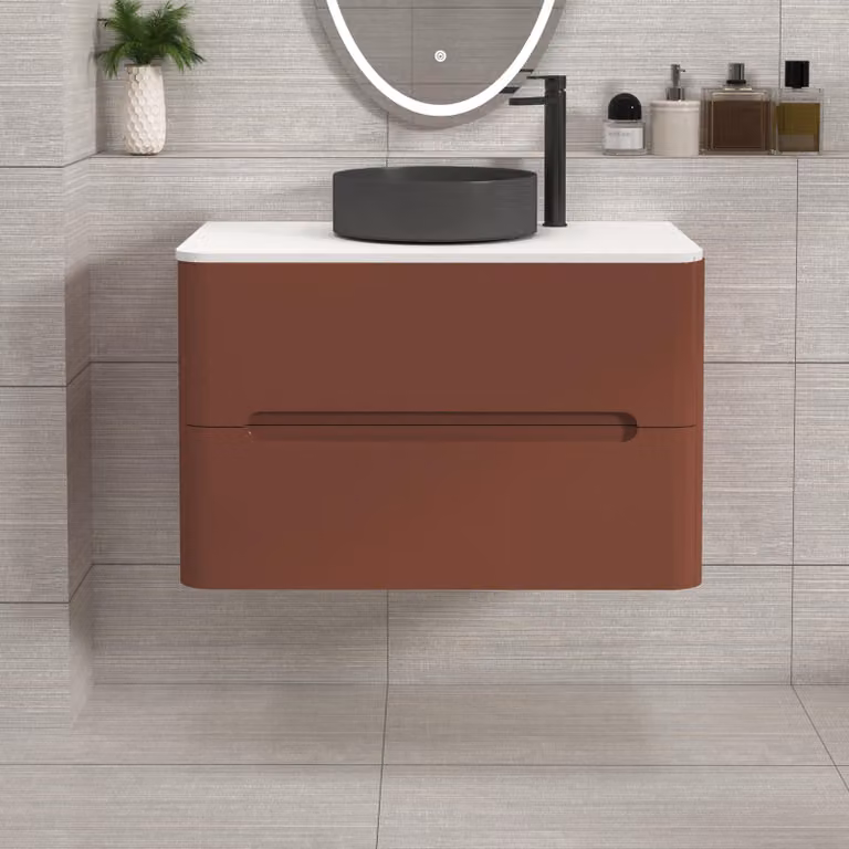 Royal Bathrooms Venice Wall Hung Vanity Unit in Terracotta Clay with 2 Drawers, Plain White Worktop and Art Deco Round Basin