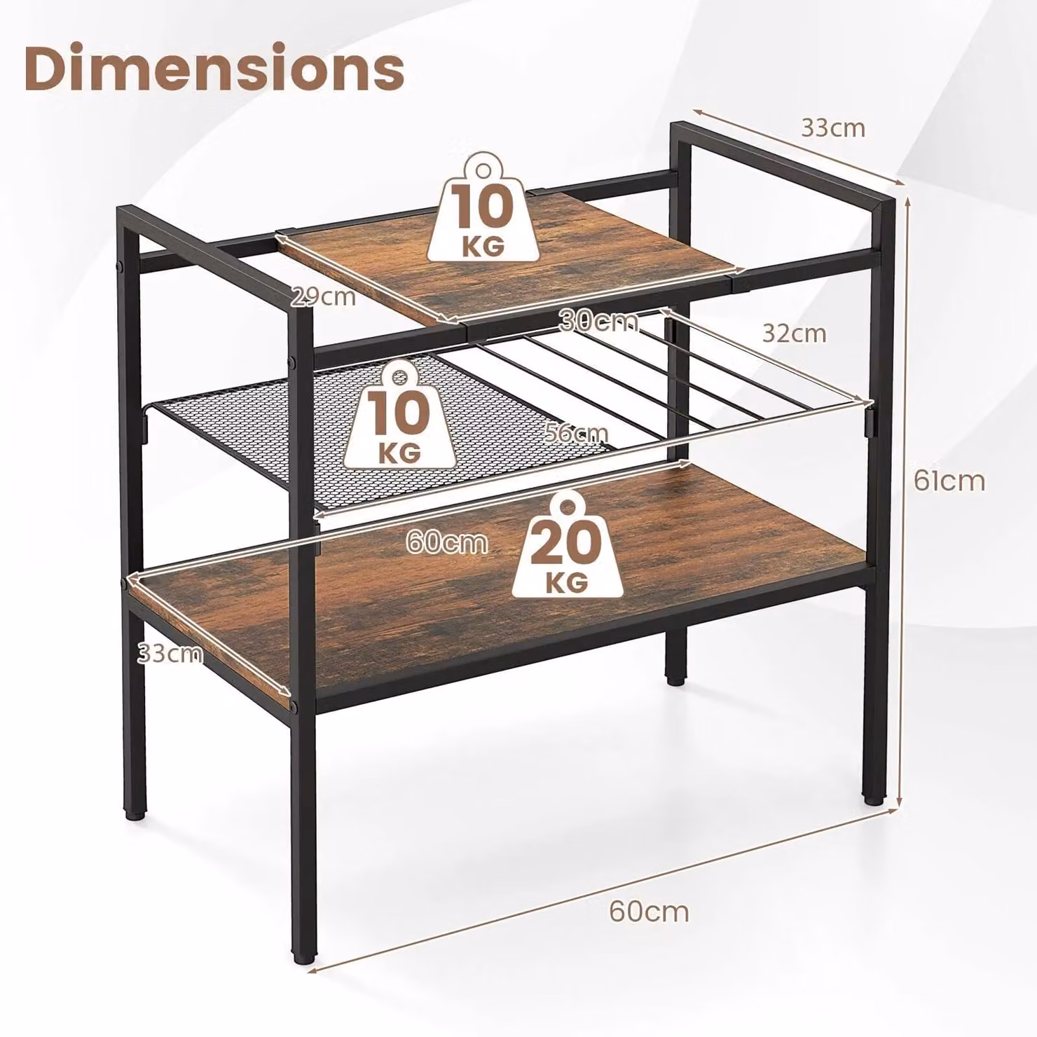 Costway 3-Tier Industrial Entryway Table with Removable Panel and Mesh Shelf in Brown – 2