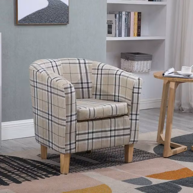WestWood Modern Checked Fabric Tub Chair in Beige and White