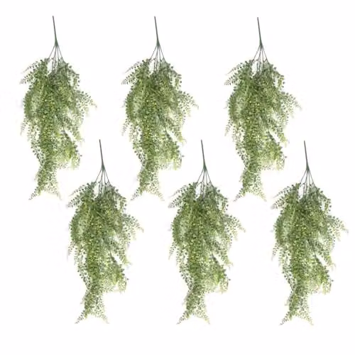 Leaf Pack of 6 Green Artificial Hanging Button Fern Plants, UV and Fire Resistant, 82cm