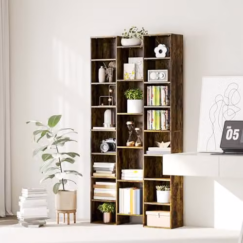 HOMCOM 21 Cube Tall Freestanding Bookcase with Adjustable Shelves, Rustic Brown, H 181 x W 89.5 x D 30.5 cm – 6