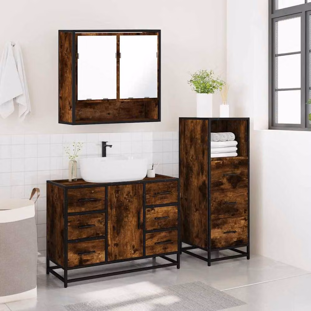 Berkfield Home 3 Piece Industrial Bathroom Furniture Set in Brown Smoked Oak – 4