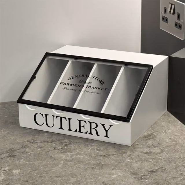 Maison Des Cadeaux White and Black Acrylic Cutlery Utensil Organiser with Compartments