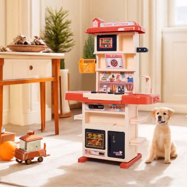 Kidkid Pretend Kitchen Playset with Steam Effect in Red