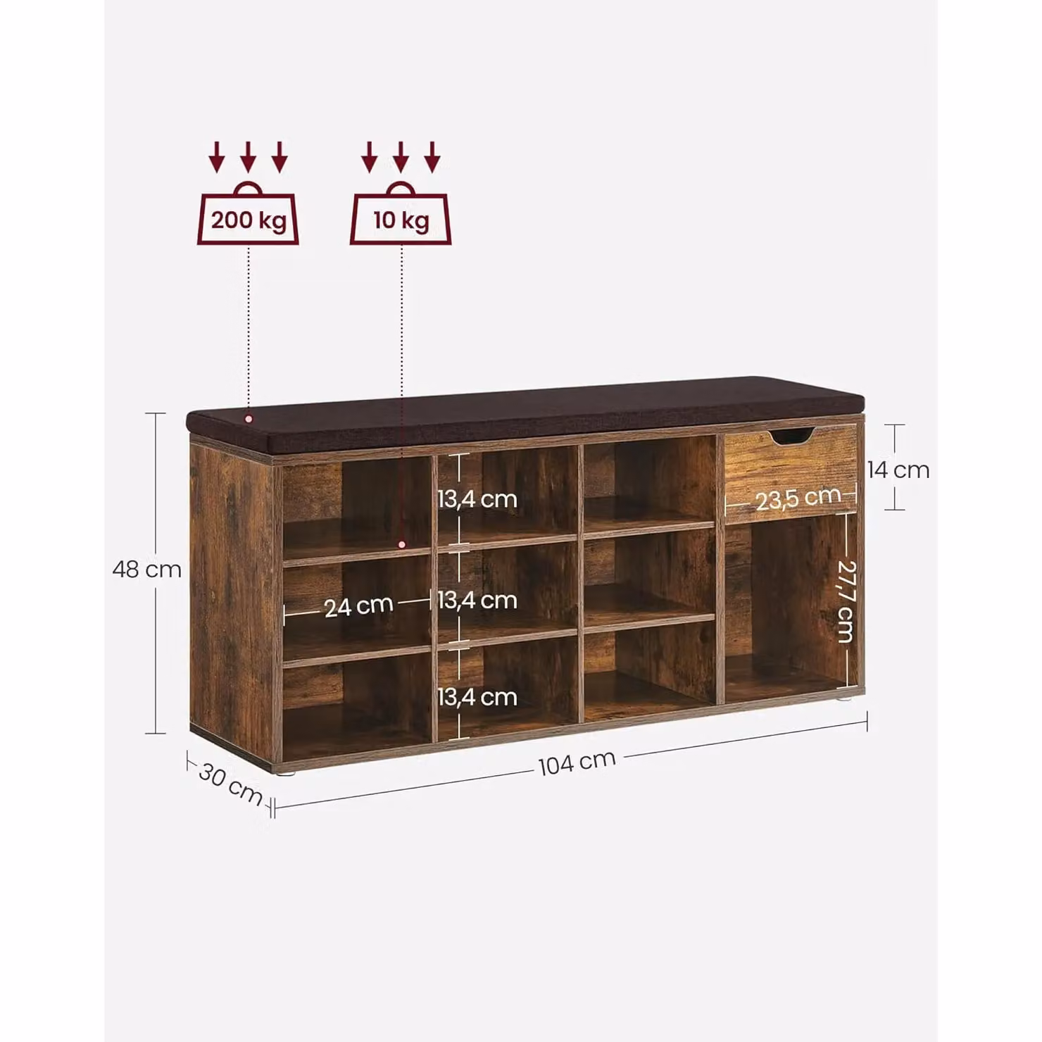 VASAGLE Brown Shoe Storage Bench with Cushion, Drawer and Open Compartments – 2