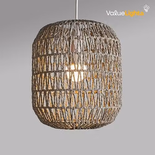 MiniSun Modern Grey Woven Rope Cylinder Pendant Ceiling Light Shade, Width: 25 cm – 3