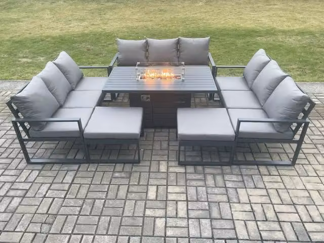 Fimous 11 Seater Aluminium Garden Furniture Set with Gas Fire Pit Dining Table and 2 Big Footstools in Dark Grey