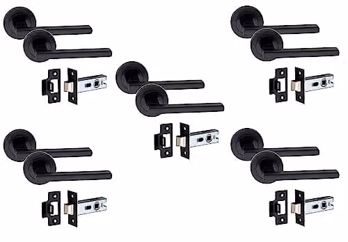 Golden Grace Leon Door Handles with Latch, 5 Pairs, Matt Black Finish