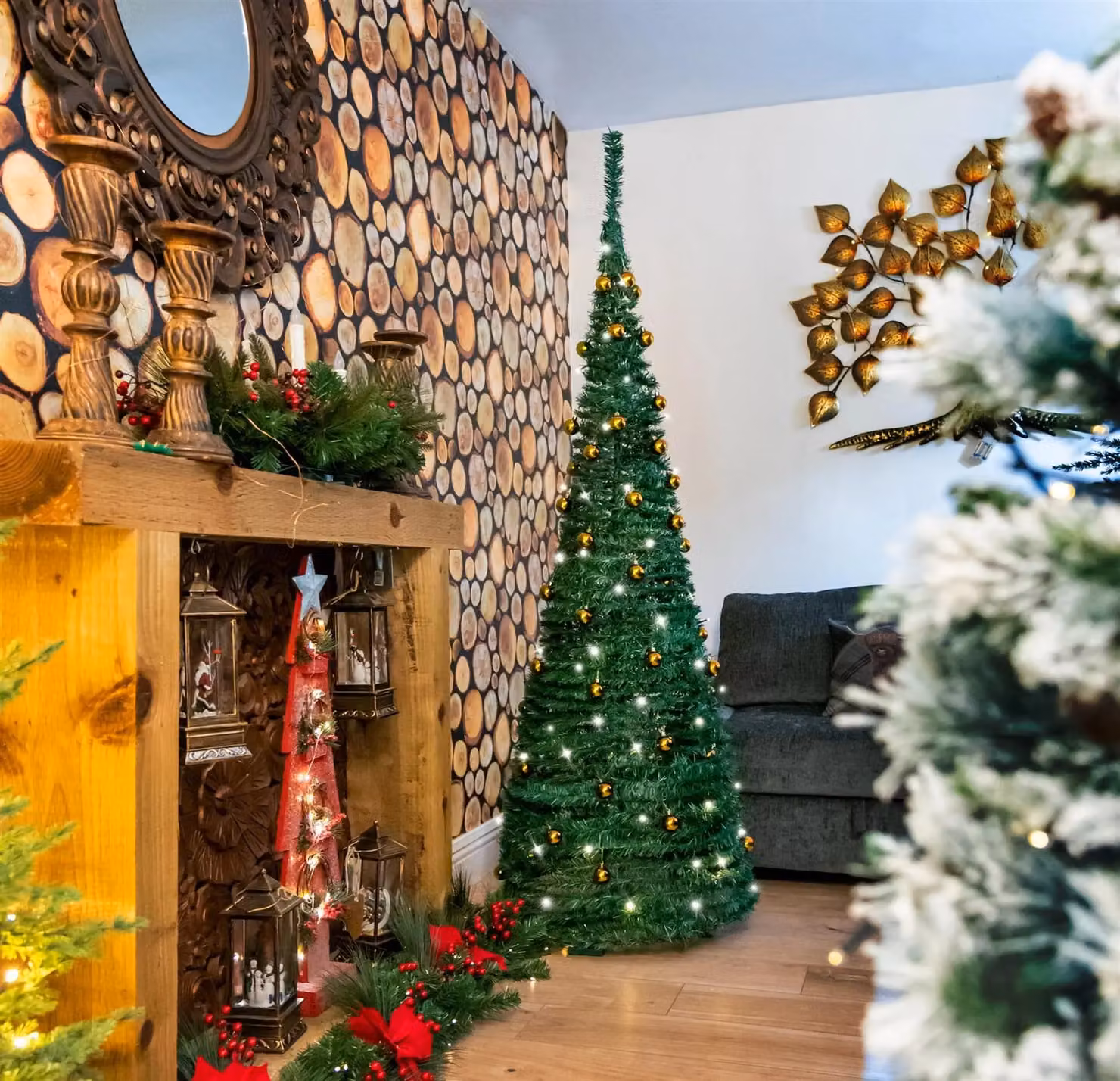 Shatchi 4ft Prelit Pop Up Christmas Tree with Warm White LED Lights and Gold Baubles in Green – 3