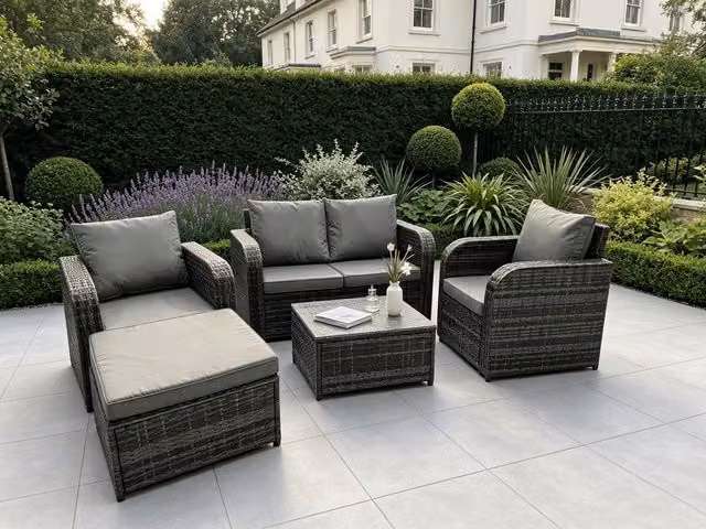 Fimous 5 Seater L-Shape Rattan Garden Furniture Set in Dark Grey with Upholstered Cushions