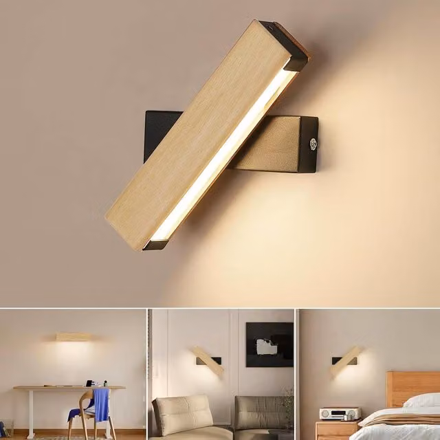 Goeco LED Indoor Wall Light, 5W, Adjustable Rotatable Wooden Bedroom Lamp, Warm White 3000K, Black