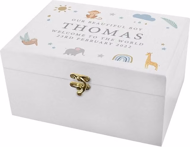 Personalised Memento Company White Wooden Safari Animals Keepsake Box with Lid