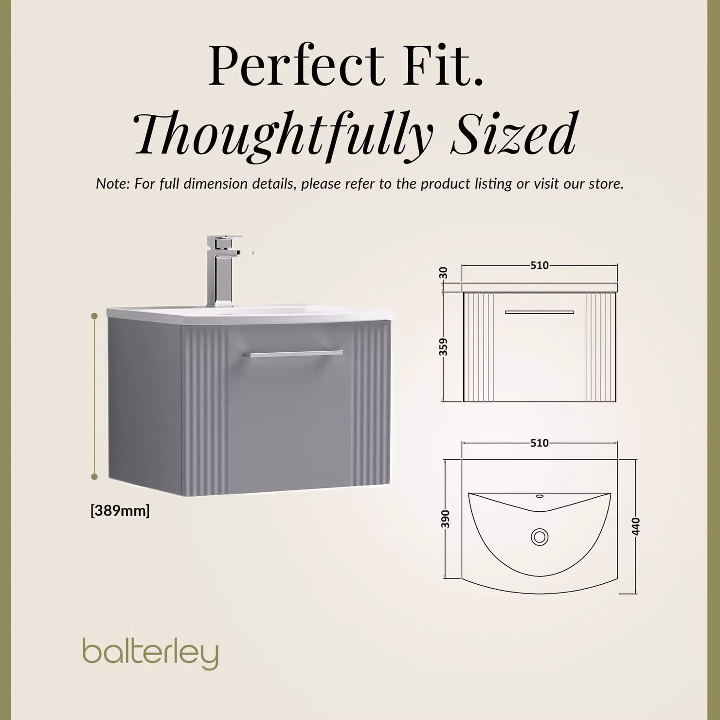 Balterley Wall Hung 1 Drawer Vanity Unit with Curved Basin, Satin Grey – 3