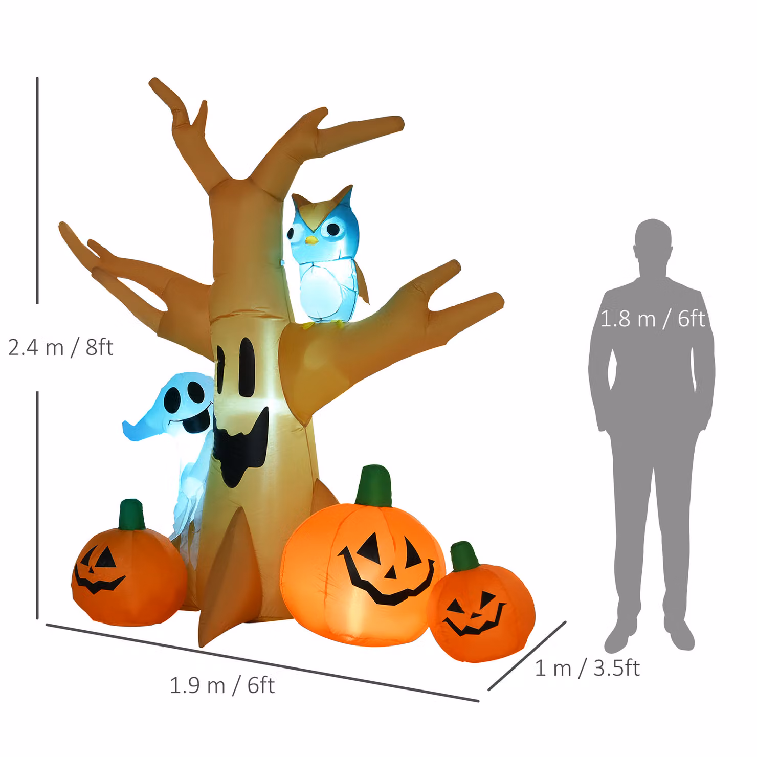 HOMCOM Inflatable Halloween Tree with Ghost, Pumpkins and Owl featuring 4 LED Lights in Brown – 3