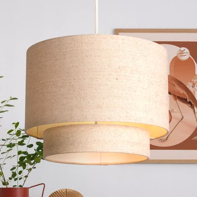 Lighting Collection Natural 2 Tier Round Linen Drum Lamp Shade in Beige, Diameter: 30 cm