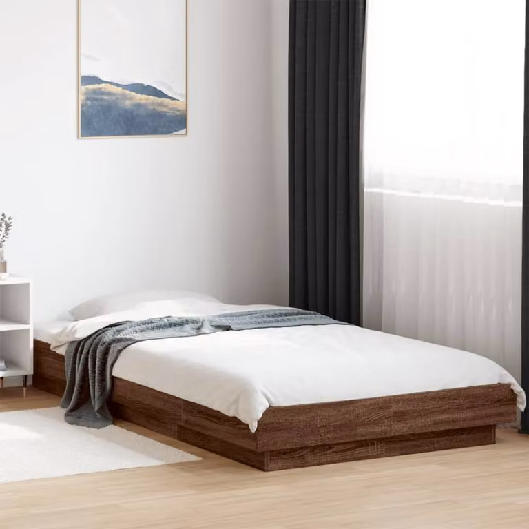 Berkfield Home Durable Bed Frame with LED Under-Bed Lighting in Brown Oak, W/D/H: 90 x 190 x 23 cm