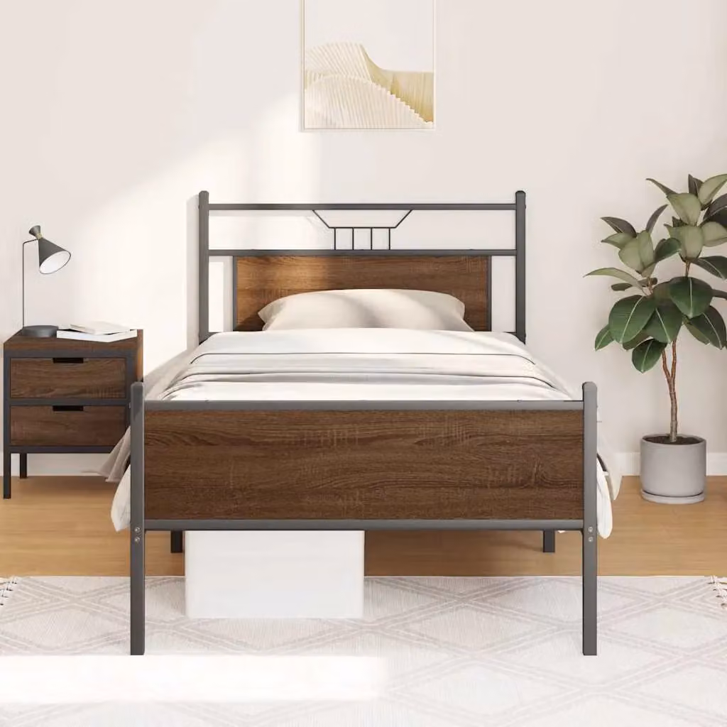 Berkfield Home Brown Oak Bed Frame in Engineered Wood W: 107 cm, L: 203 cm – 2