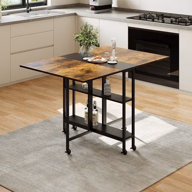 Livingandhome Modern Folding Dining Table with Storage Shelves and Wheels in Brown and Black