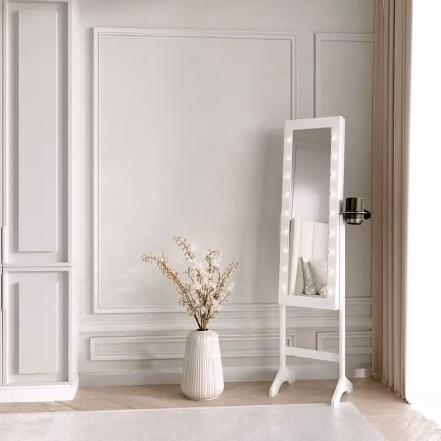 CARME HOME Zoey White Jewellery Storage Cabinet with Full Length LED Mirror and 6 Drawers, H 146 x W 35 x D 31 cm – 1